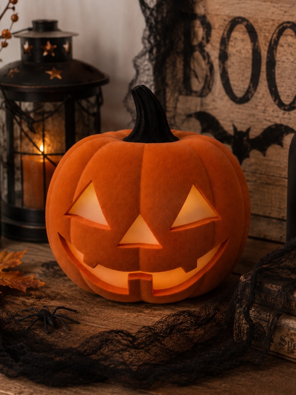 Flocked LED Figural Orange Pumpkin, Light Up Pumpkin